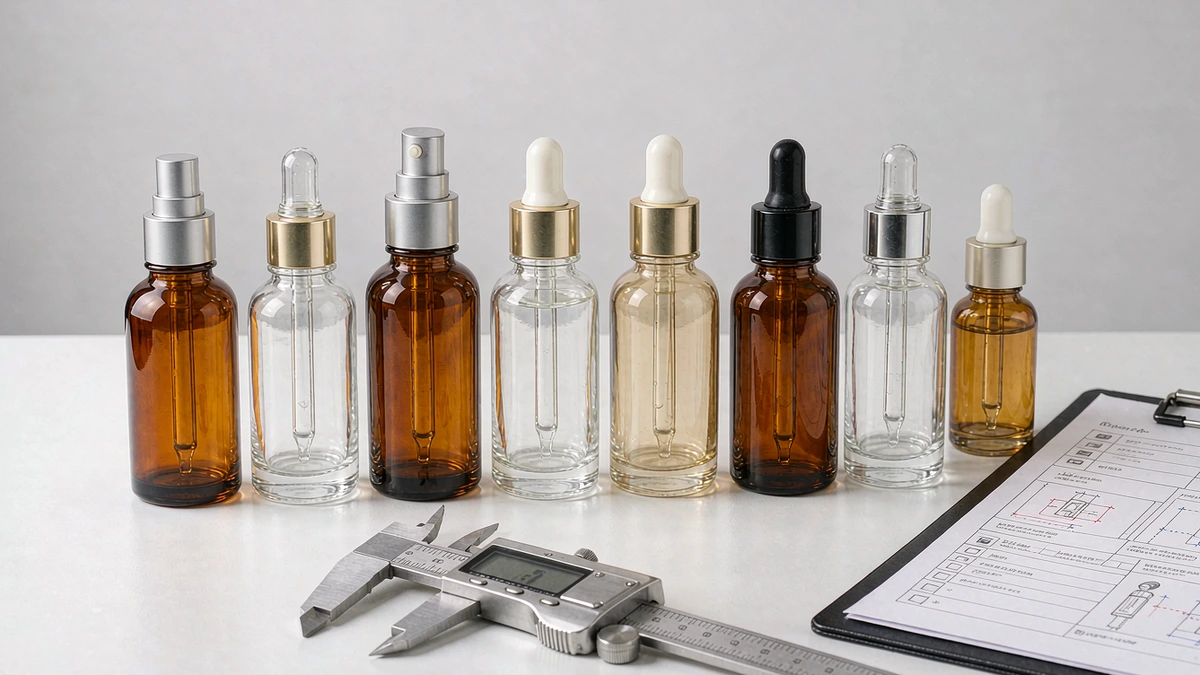 Cosmetic packaging quality inspection station with glass bottles, a digital caliper and a QC checklist clipboard